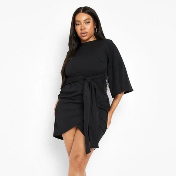Boohoo Plus Dresses & Skirts - Boohoo Women’s Plus Kimono Sleeve Wrap Over Midi Front Tie Black Dress Sz 14 NWT